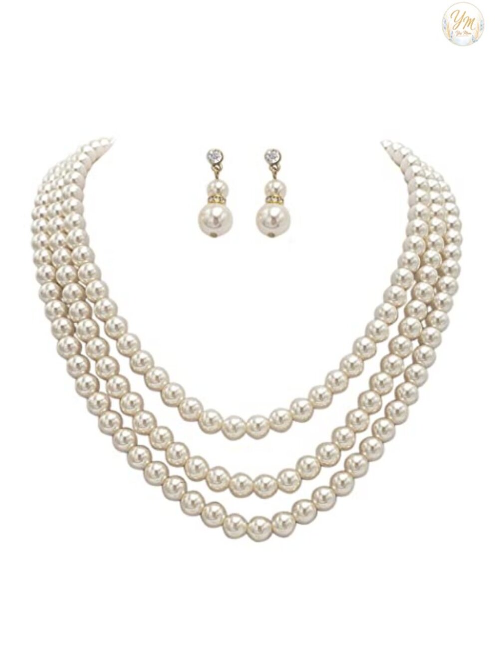 Triple Strand Faux Pearl Necklace Earring Set Crystal Drop Adjustable